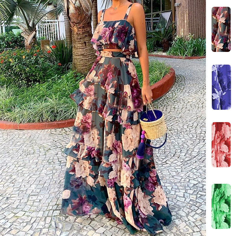 Romper Floral Print - レディースツーピースセット 花柄プリント ラッフルクロップキャミトップス + ハイウエストティアードマキシスカート 女性用サマービーチウェアセット
