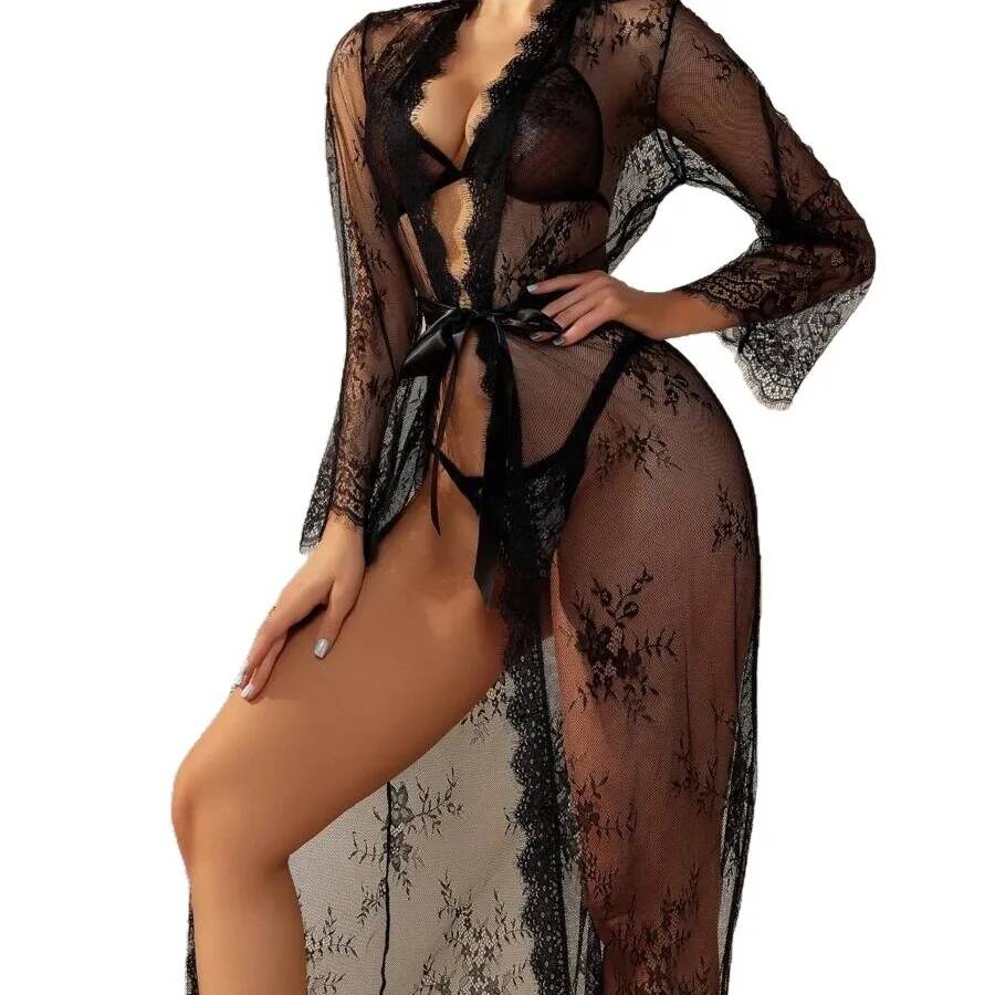 Kimono Sheer Floral - 黒のレースの透け感のあるロングローブ、女性用花柄レースメッシュ着物、ベルト付きセクシーランジェリー、ブドワール写真撮影用ナイトウェア、RD96
