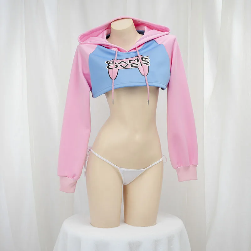Crop Top Crochet - かわいい長袖クロップトップパーカーピンクブルーマッチングスタイル女子学生服コスプレナイトガウン用