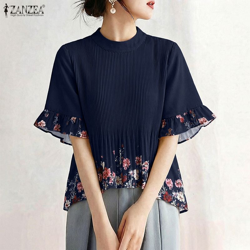 Romper Floral Print - ZANZEA 女性夏ボヘメインホリデートップス花柄パッチワークブラウススタンドネック半袖プリーツブラウスエレガントワークシャツ 2026