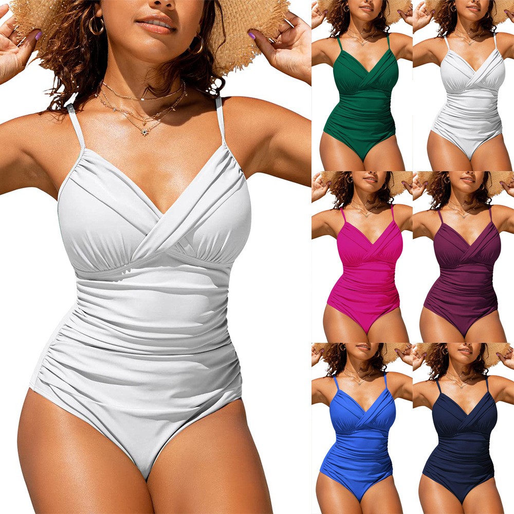 Swimsuit Bikini Ruched - 女性用ビキニタンキニ水着、無地Vネック水着、ラッフルウエストエメラルドグリーン水着、クロスバック、お腹シェイプ水着