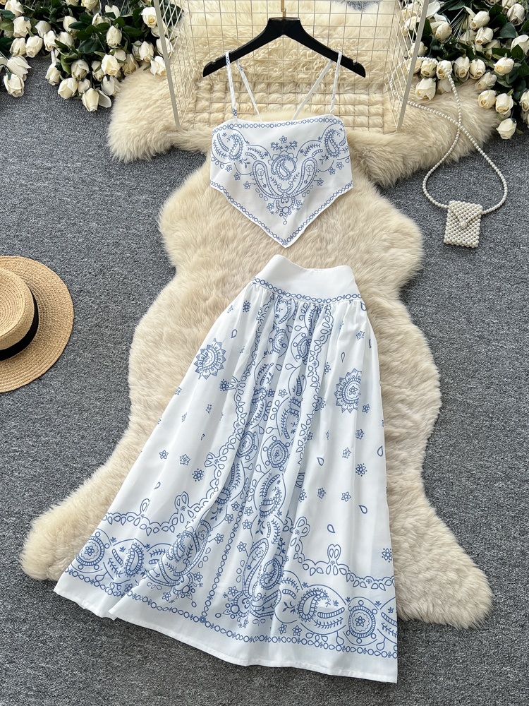 Maxi Dress Halter - 夏の花柄刺繍ツーピースセット レディースおしゃれな白プリントホルターネックドレスとトップスのアンサンブル カジュアル通勤スタイル
