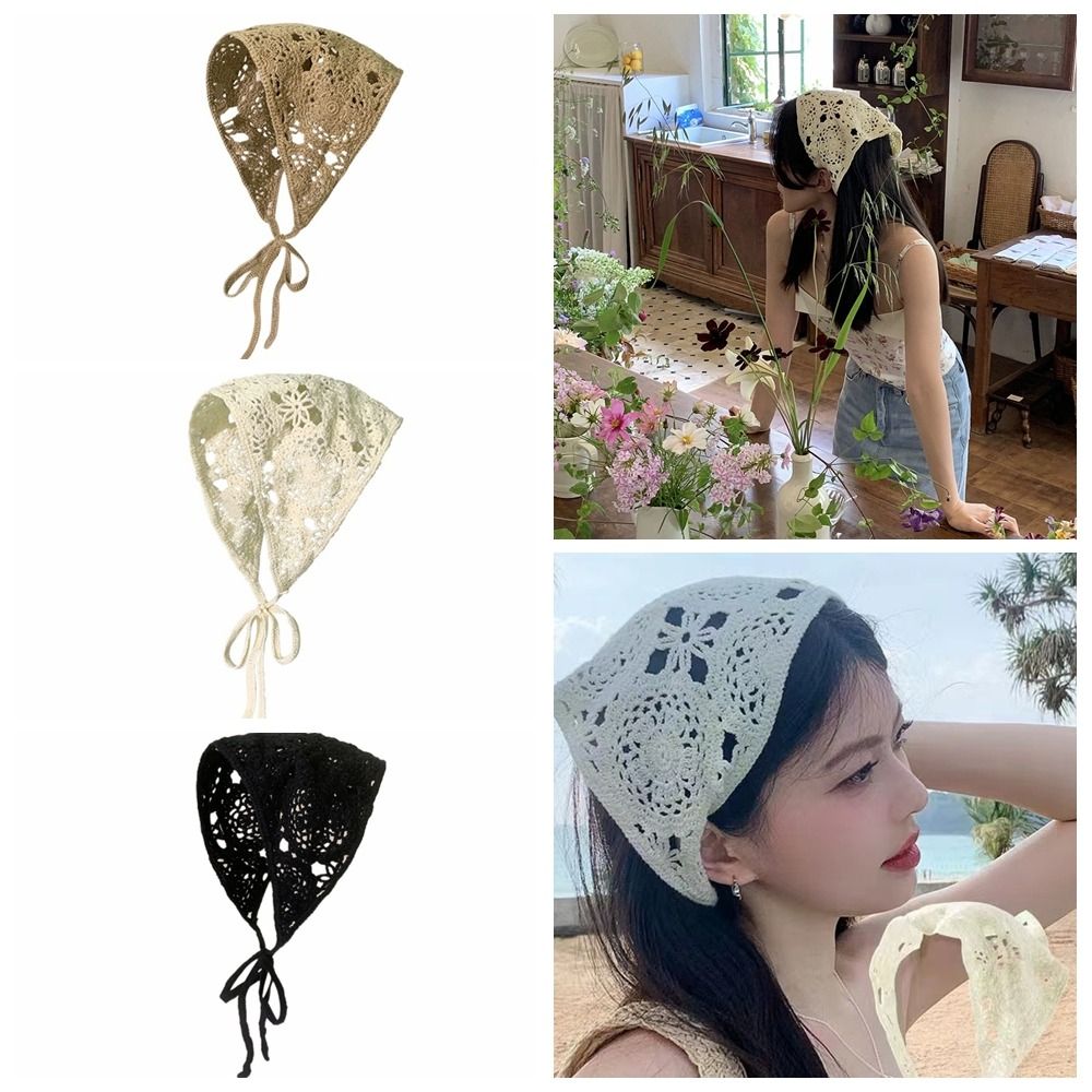 Headband Summer Knit - 中空かぎ針編みの花のヘッドバンド、三角形のスカーフ、織りのバンダナ、かぎ針編みのターバン、ファッション、夏