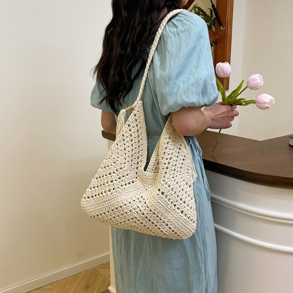 Tote Bag Beach - 夏用ボヘミアンニットショルダーバッグ、無地コットン糸クロシェトートバッグ、中空大容量織りハンドバッグ、ビーチバッグ
