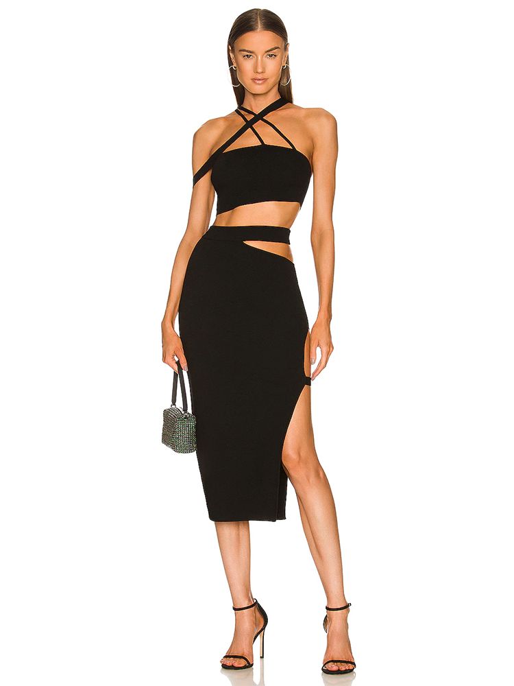 Crop Top Crochet - 女性用包帯スーツ,2ピースセット,セクシー,タイト,カットアウト,ショートトップとロングスカート,ミドル丈カット,イブニングウェア,サマーコレクション2022
