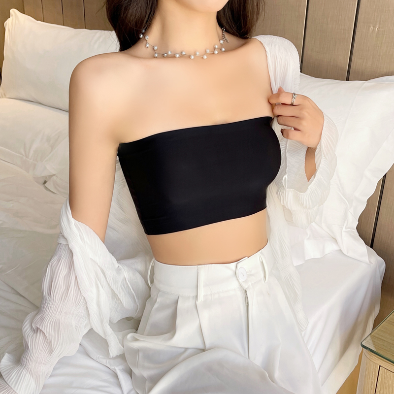 Bralette Triangle Set - ワンピースセクシーなチューブトップス女性ストラップレスプッシュアップブラジャーランジェリーアイスシルク薄いシームレスワードスリング黒、白 Bralette トップ