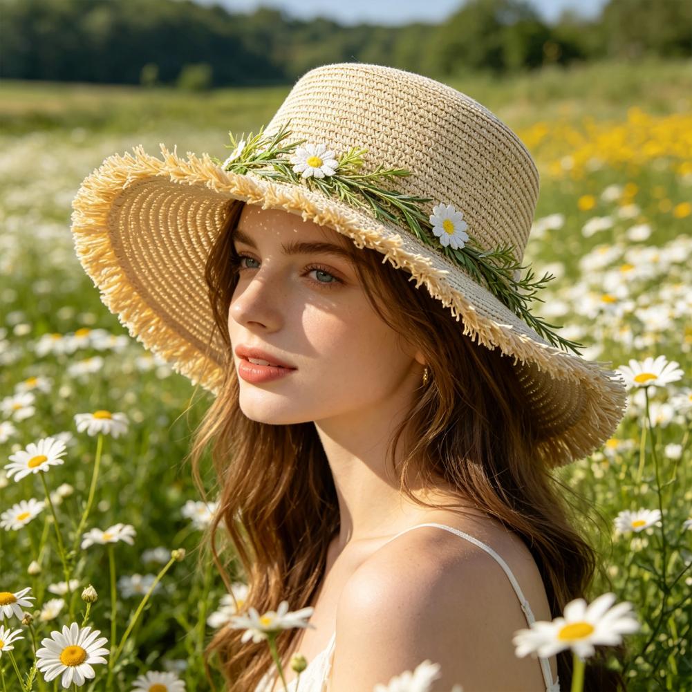 Hat Floppy Wide - サンハット 広いつばの柔らかい麦わら帽子 菊の花輪付き - 通気性のある軽量夏用ビーチトラベルキャップ 女性用