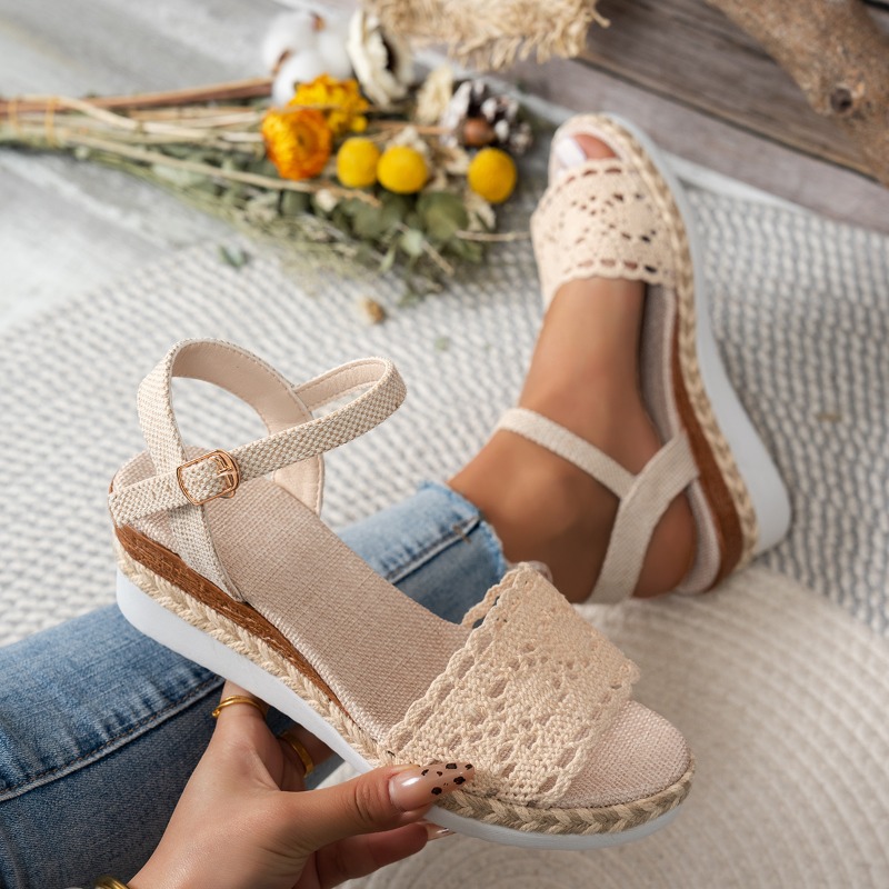 Wedge Espadrille Women - 女性用レースウェッジサンダル、エスパドリーユプラットフォーム、オープントゥ、アンクルストラップ、夏用カジュアルシューズ、快適なアウトドアビーチウォーキング、ドレスアップにも使える