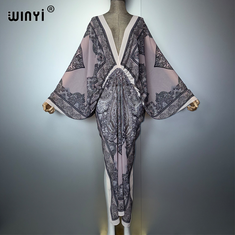 Cover Up Kaftan - WINYI Vネックセクシードレスアラビア伝統柄女性用ホリデービーチカバーアップパーティーカフタンラグジュアリードバイスタイル