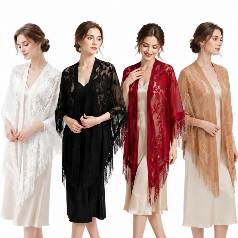 Kimono Sheer Floral - 花柄レースショールラップ女性刺繍スカーフフリンジ付き薄手の着物ポンチョケープレット夏のビーチカバーアップイブニングパーティーショール