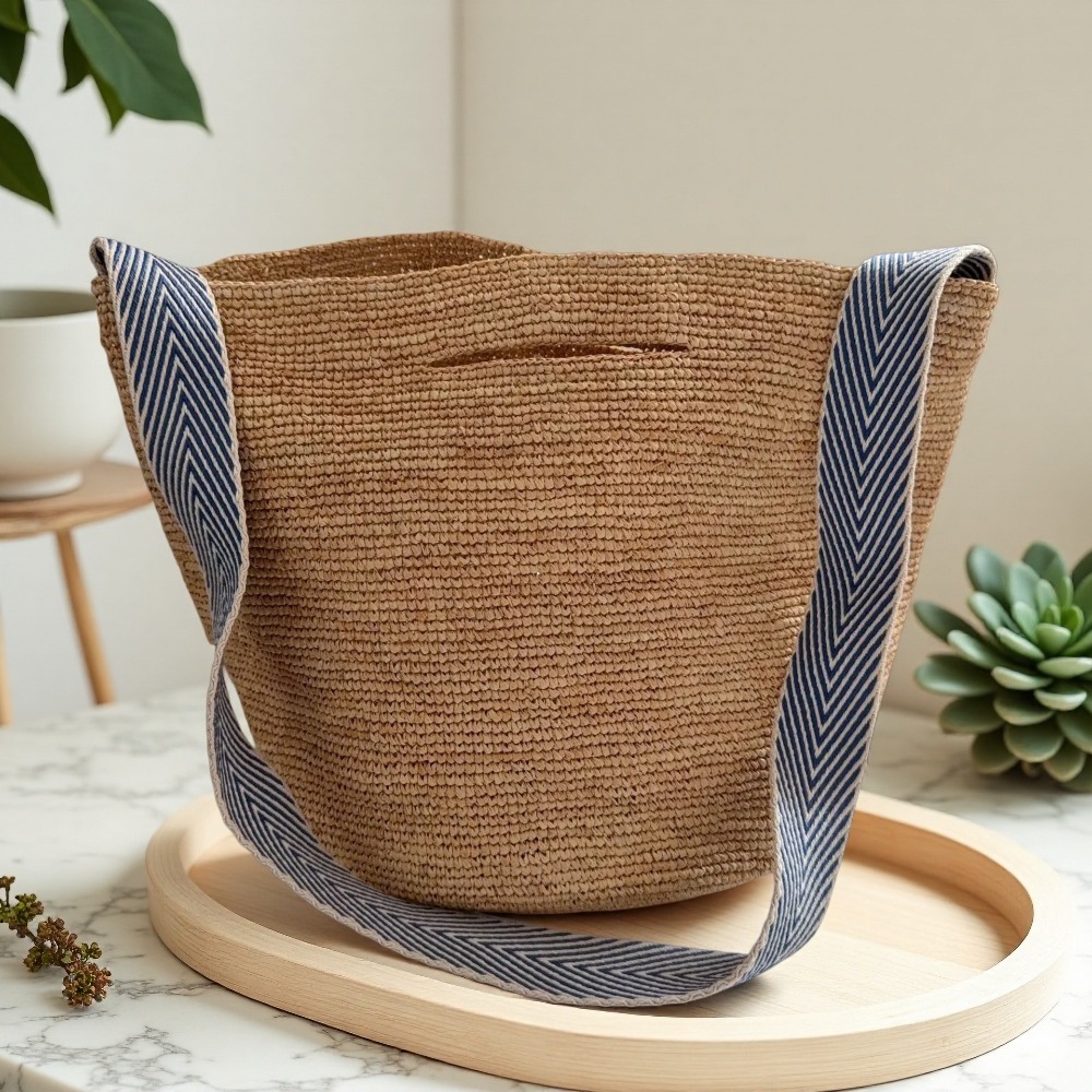 Crochet Bag Raffia - 新しいラフィアレインボーバケットバッグ、コラムクロシェ、女性用ショルダーバッグ、ユニークな質感、シンプルでおしゃれなレジャー、休暇、ビーチ、手編み