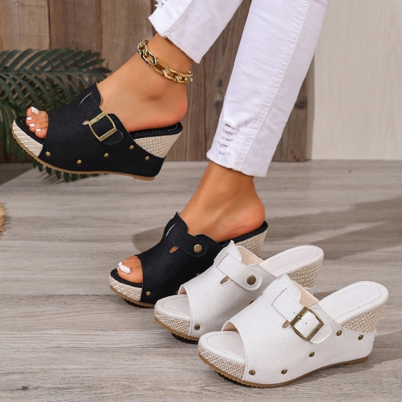 Wedge Espadrille Women - 夏用エスパドリーユ レディース プラットフォーム ウェッジスリッパ ミュール 調節可能なバックル付きオープントゥサンダル
