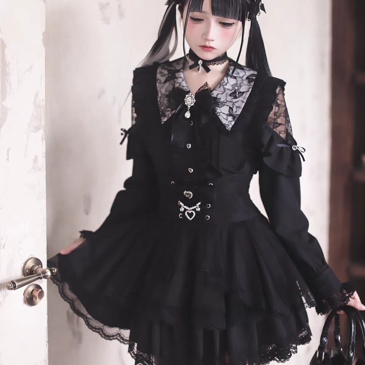 Blouse Off Shoulder - 原宿系可愛いスカートセット レディース スウィートレース オフショルダー JK風 リボンブラウス