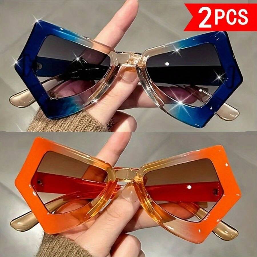 Sunglasses Cat Eye - 2ピースセットスタイル、不規則な色、ユニークな蝶のフレームとキャットアイ装飾、斬新なメガネ。レンズはPC製です。