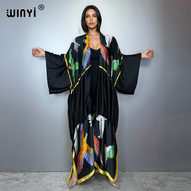 Cover Up Kaftan - WINYIプリントボヘミアン着物風マキシビーチウェアカバーアップホリデーパーティードレスアバヤドバイ高級ムスリム女性ファッションオープンフロントカフタン