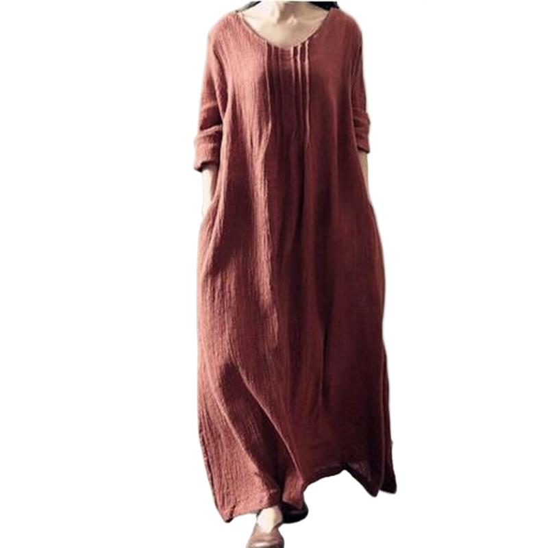 Linen Dress Wrap - 女性のための自由奔放に生きるロングドレス,ヴィンテージ,コットンリネン,ラウンドネック,長袖,ラージサイズ,カジュアル,2020