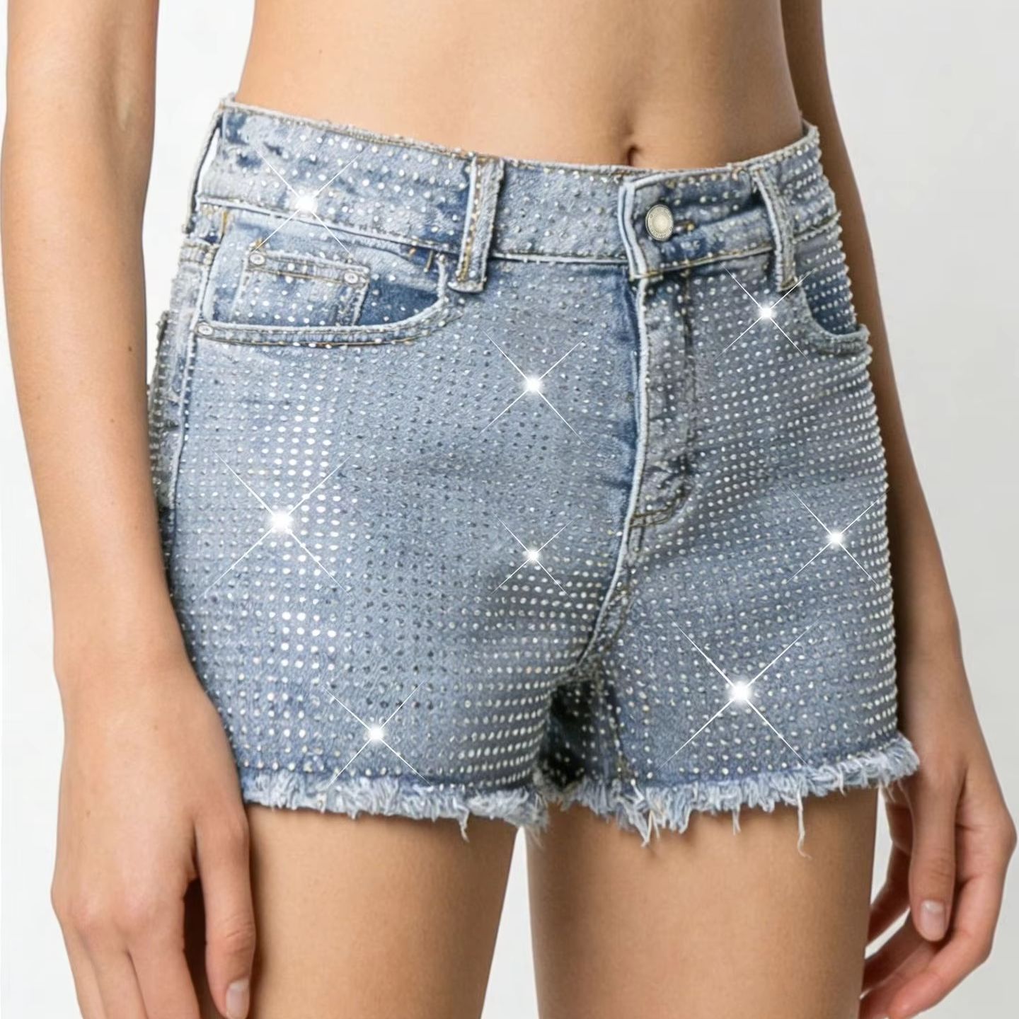 Shorts Denim Frayed - 2026 新しいフルジュエル付き弾性ブルーほつれデニムショートパンツ女性用服トレンディな多用途ホットショートパンツ шорты женские