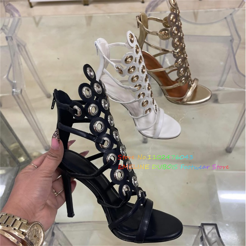 Sandal Strappy Heeled - ゴールドメタルサークル装飾ハイヒールサンダル女性のセクシーなオープントゥスティレットヒールバックジッパーストラップトレンディなパーティードレスシューズ