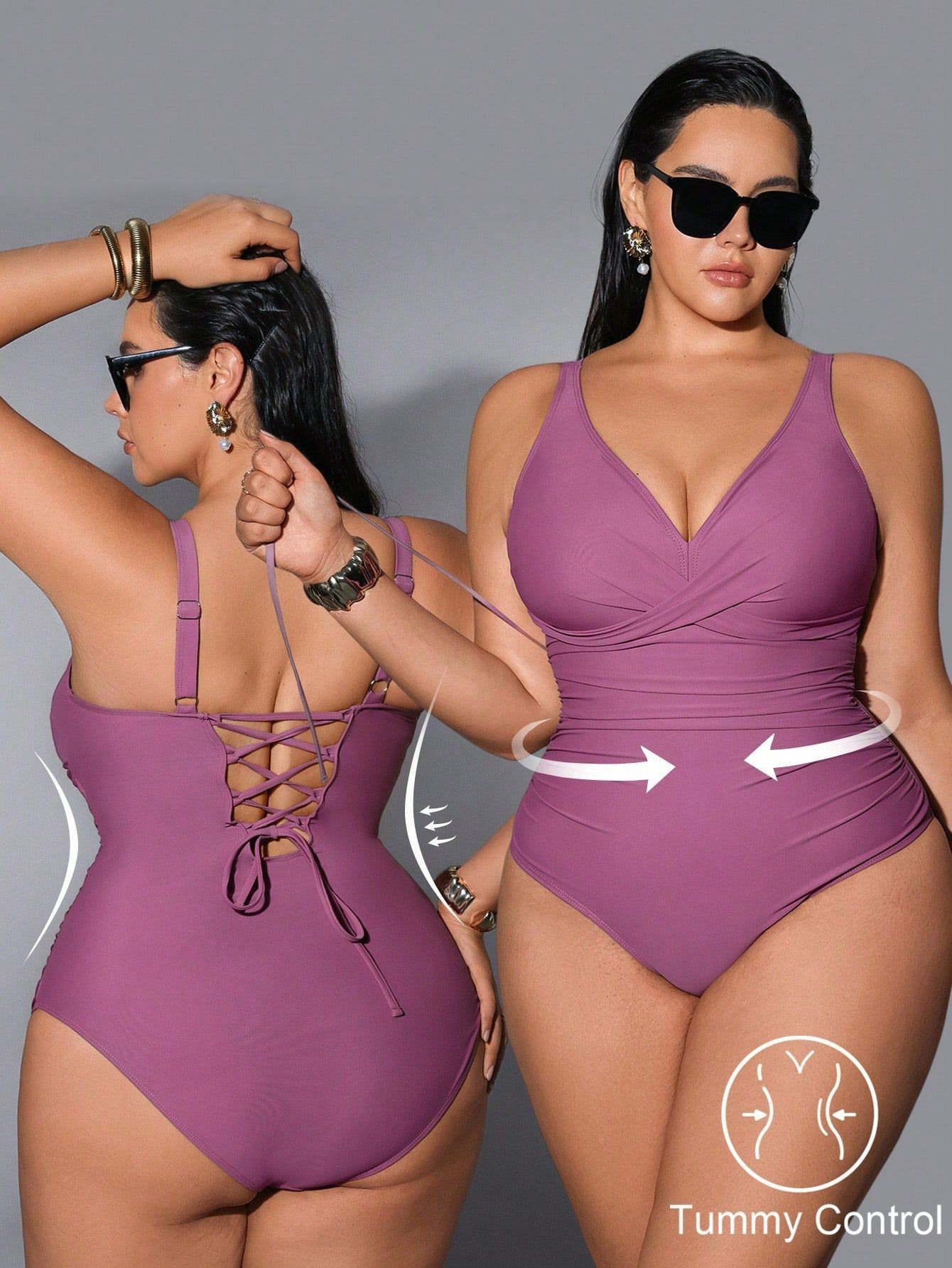 Swimsuit Bikini Ruched - 水着 2026 女性用プラスサイズ Vネック ラッフルウエスト モーブパープル