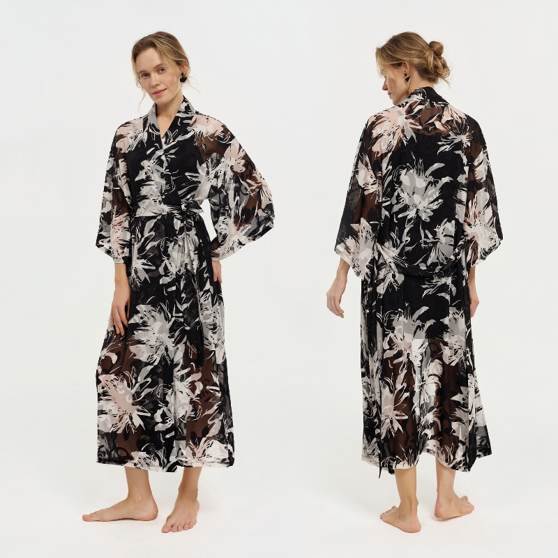 Kimono Sheer Floral - 女性黒白インク花柄シアーシフォン着物襟ロングラップバスローブセルフタイベルトルーズ七分袖ラウンジウェア
