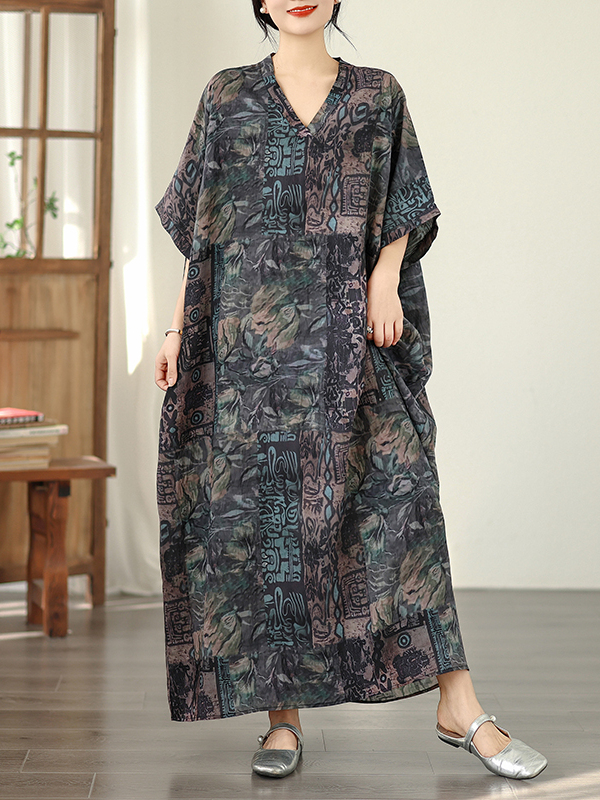 Linen Dress Wrap - 夏らしい花柄のバケーションスタイル、Vネックレトロロングワンピース、コットンリネンラップスカート、200ポンド対応、バットウィングスリーブ、レディースドレス