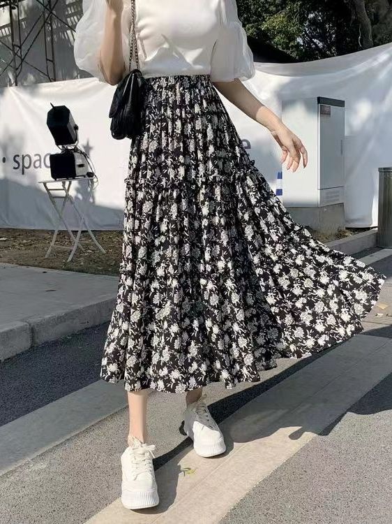 Midi Skirt Floral - 花柄プリントAラインミディスカートプラスサイズ伸縮性ウエストスリムサマーカジュアルハイウエスト韓国風ポリエステル繊維