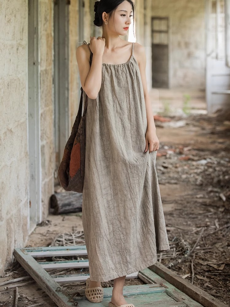 新しい中国風のハイエンド麻ガーゼ女性のラップ染色ルーズレトロ - Linen Dress Wrap のレビューと価格
