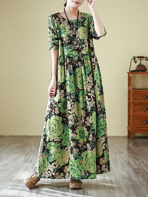 春の新作ラウンドネックロングドレス紫花柄休暇旅行コットンリネ - Linen Dress Wrap のレビューと価格