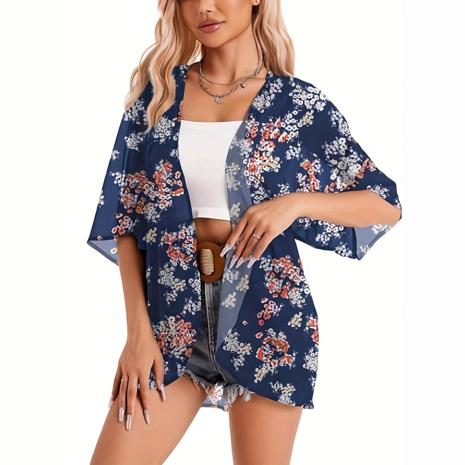 水着女性2025着物カーディガンシアー花柄プリントルーズロン - Kimono Sheer Floral のレビューと価格