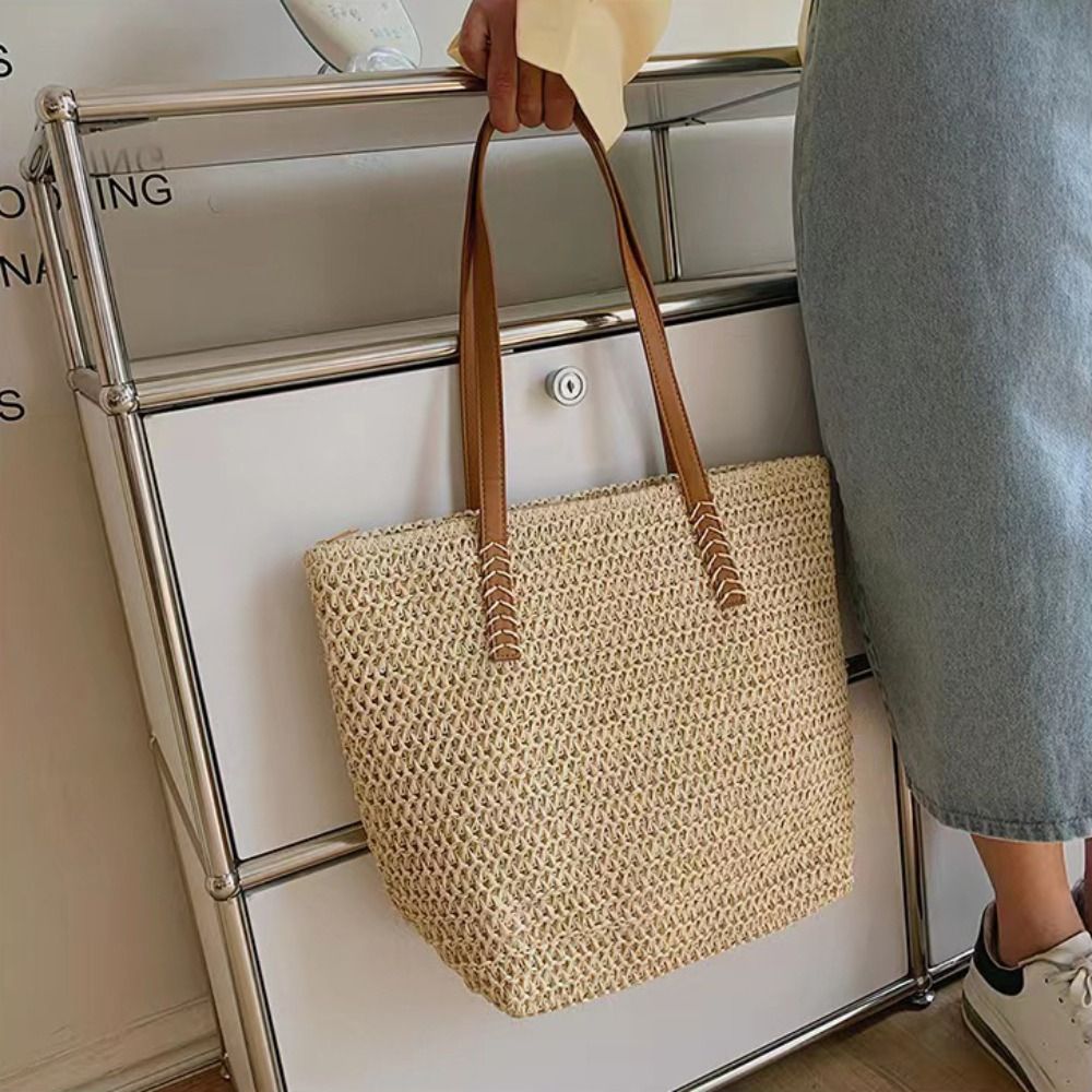 ファッションソリッドカラー織りストロートートバッグスクエアジ - Tote Bag Beach のレビューと価格