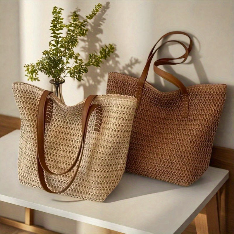 ファッショナブルで多用途な女性用織りバッグ、旅行用ジッパー付 - Crochet Bag Raffia のレビューと価格
