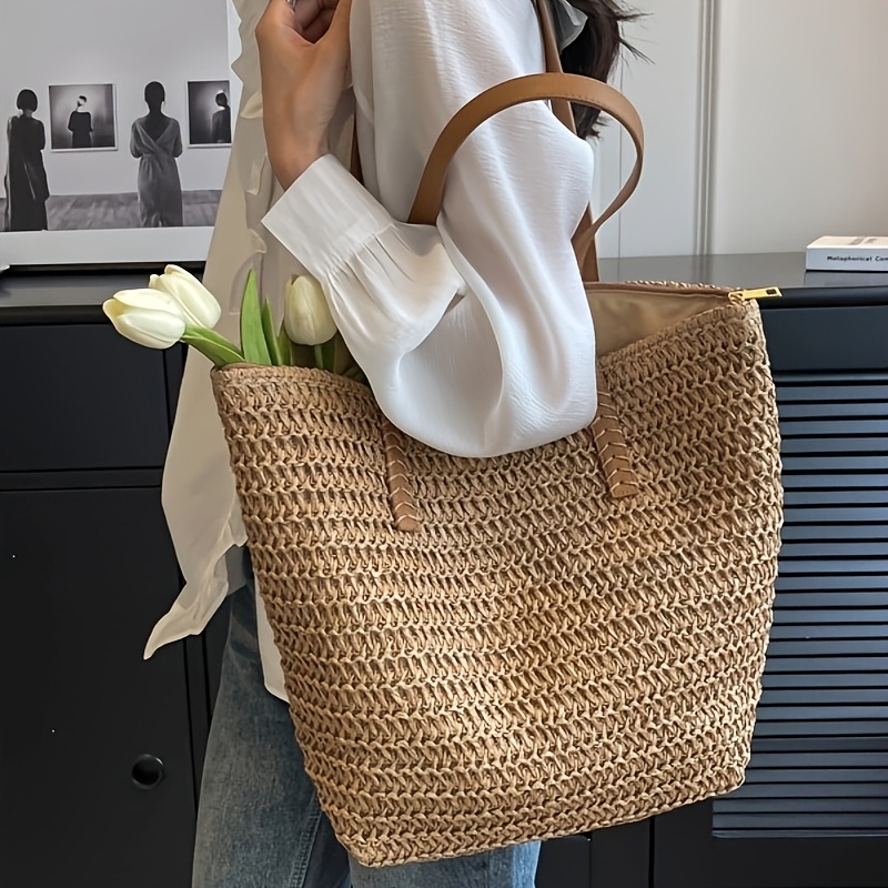 ファッショナブルで多用途な女性用織りバッグ、旅行用ジッパー付 - Crochet Bag Raffia のレビューと価格