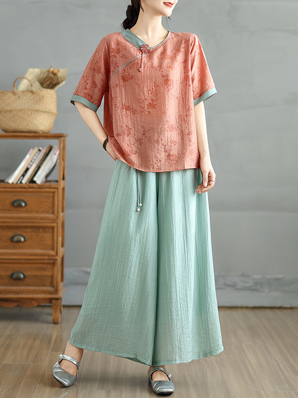 中国風花柄プリントリネンシルクVネック半袖トップスワイドレッ - Linen Pant Wide のレビューと価格