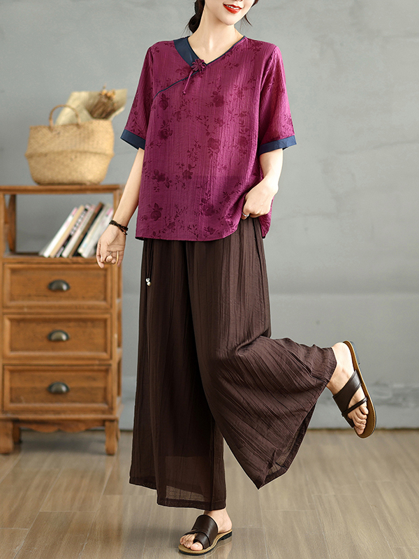 中国風花柄プリントリネンシルクVネック半袖トップスワイドレッ - Linen Pant Wide のレビューと価格