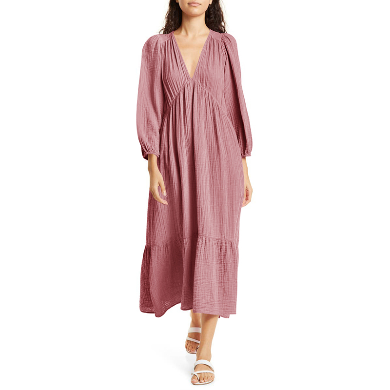 シフォン-100% コットンロングドレス,女性用,Vネック, - Linen Dress Wrap のレビューと価格
