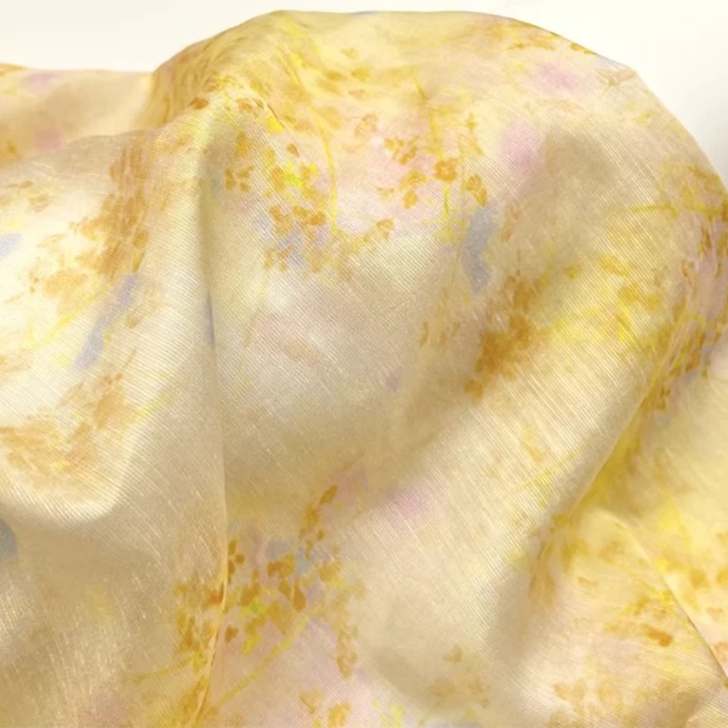 生姜色の日本風花柄グラデーションプリントシルクラミー生地、半 - Kimono Sheer Floral のレビューと価格