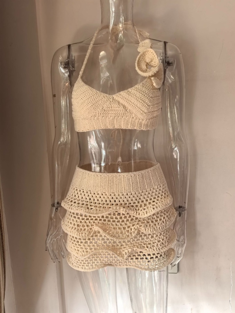 女性用手編みフリル付きバケーションビーチ2ピースセットセクシ - Crop Top Crochet のレビューと価格