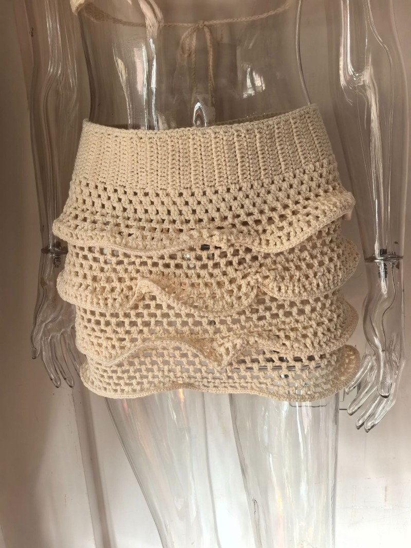 女性用手編みフリル付きバケーションビーチ2ピースセットセクシ - Crop Top Crochet のレビューと価格