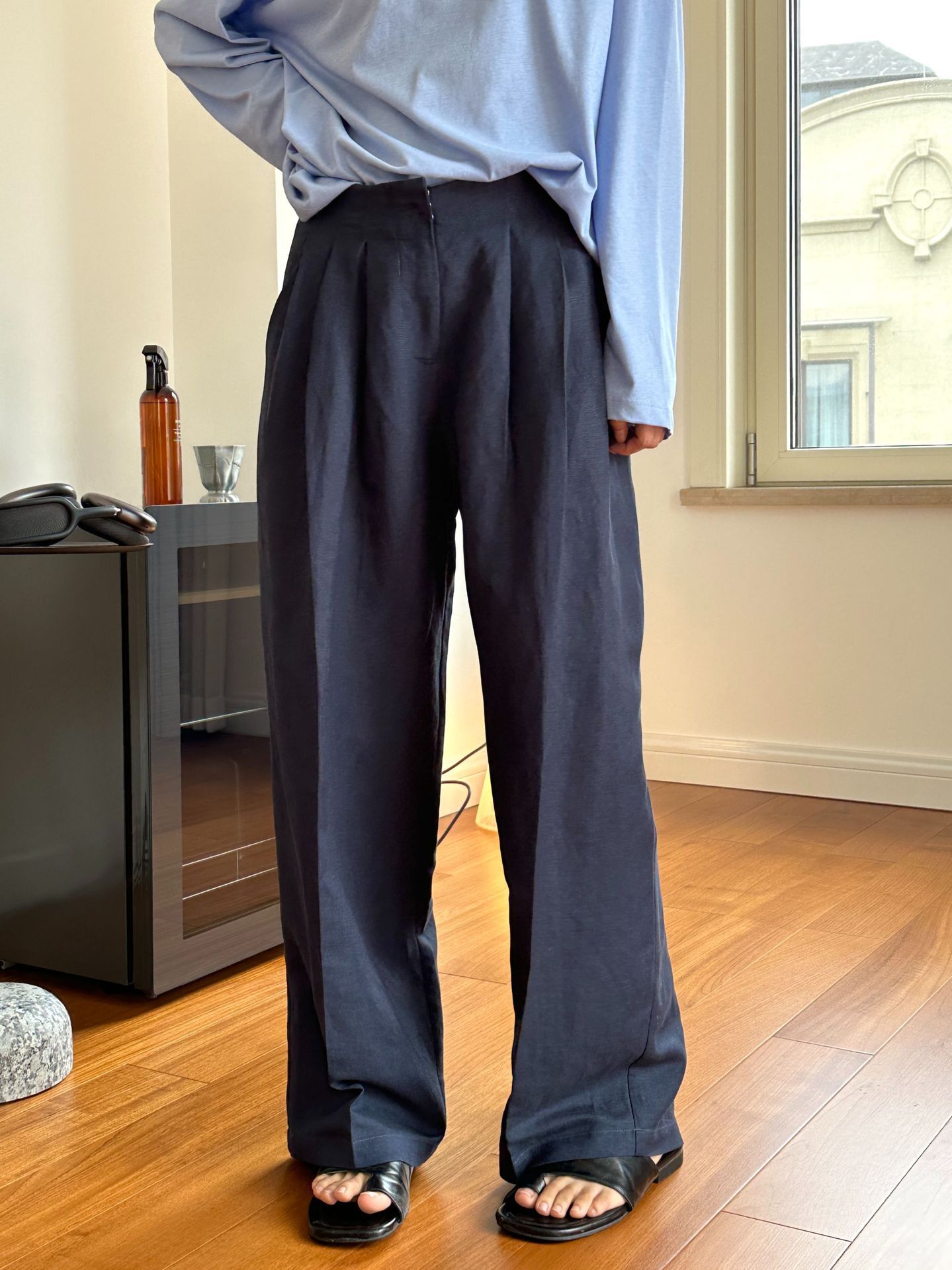 カジュアルリネンワイドレッグパンツプリーツ通勤ハイウエストス - Linen Pant Wide のレビューと価格