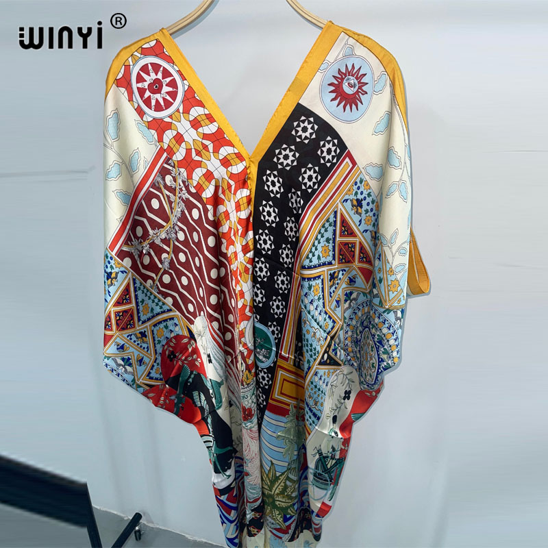 Winyi-ボヘミアンスタイルのプリントドレス,女性用,ビー - Cover Up Kaftan のレビューと価格