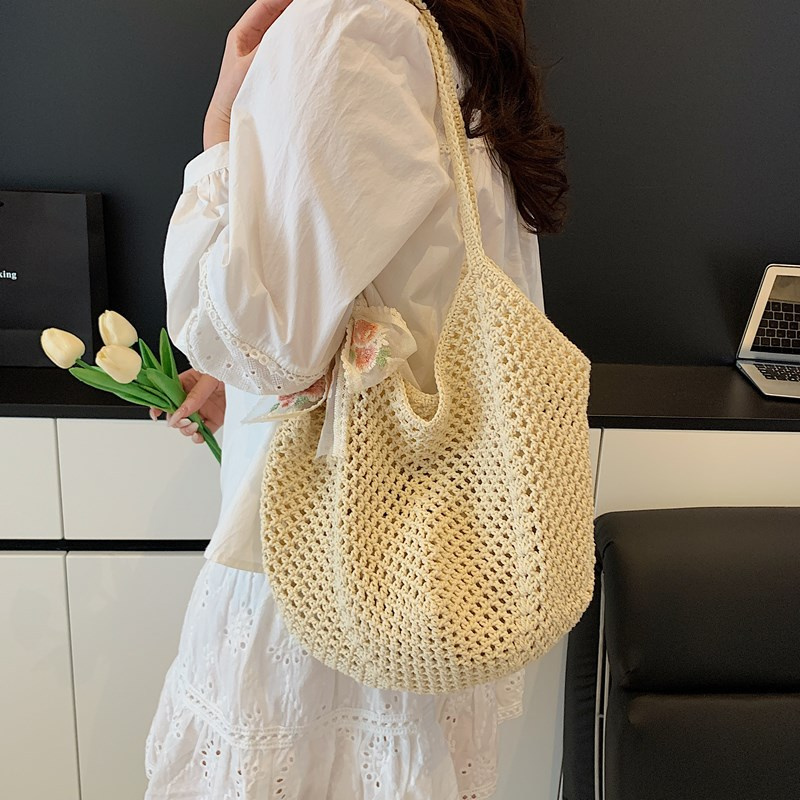 夏のレースボウトートバッグ レディース ラフィア編み込みショ - Crochet Bag Raffia のレビューと価格