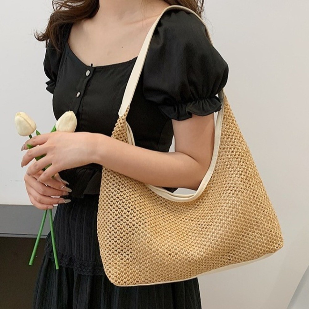 かわいい無地織りわらバッグボヘミアンスタイル手作りビーチハン - Tote Bag Beach のレビューと価格