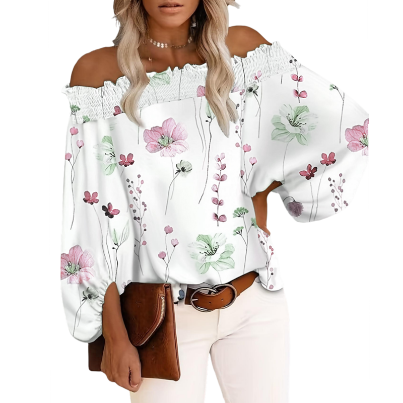 プラスサイズの新しい女性のカジュアル花柄オフショルダー長袖ブ - Blouse Off Shoulder のレビューと価格
