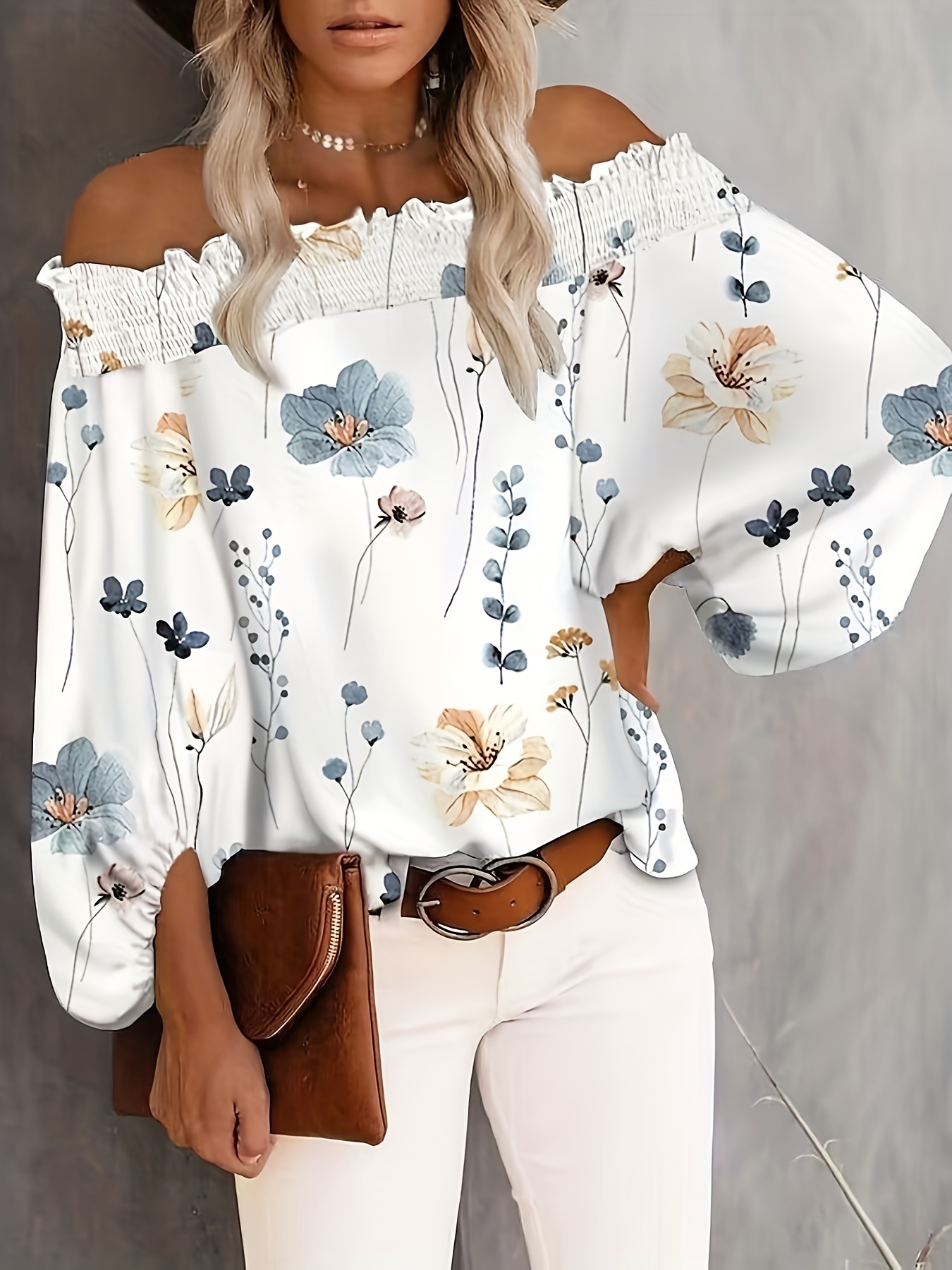 プラスサイズの新しい女性のカジュアル花柄オフショルダー長袖ブ - Blouse Off Shoulder のレビューと価格