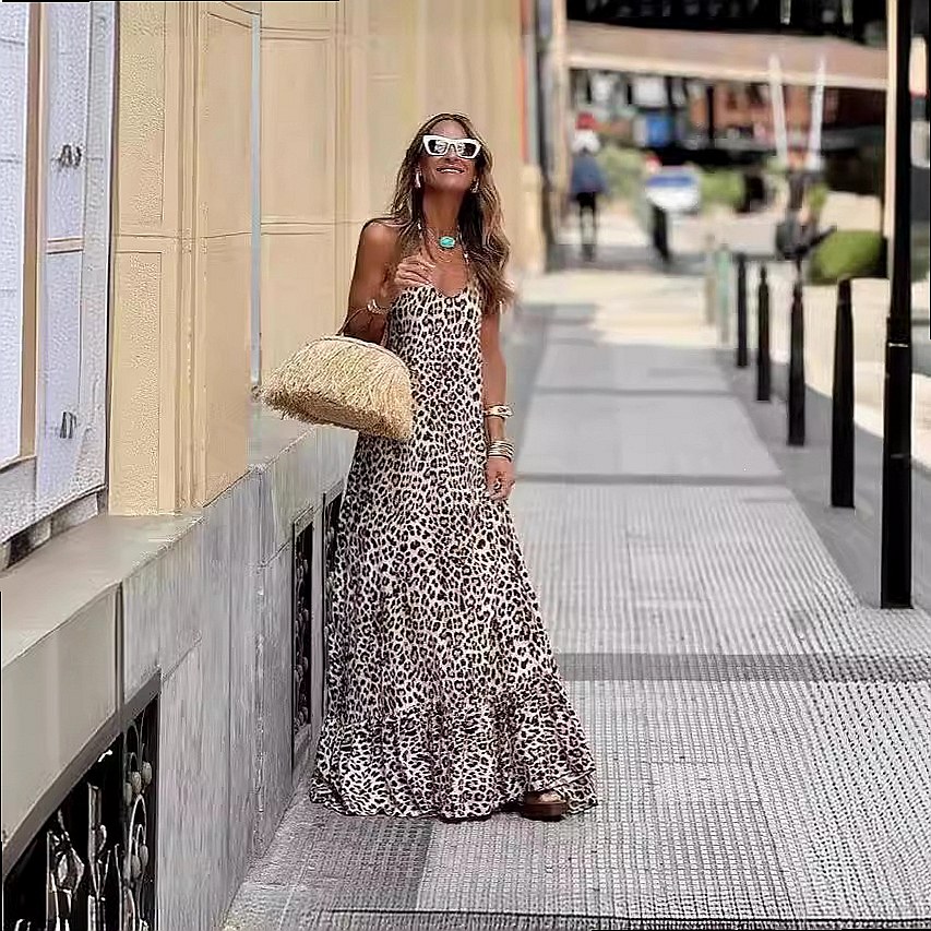 セクシーなヒョウ柄 V ネック バックレス ホルター マキシ - Maxi Dress Halter のレビューと価格