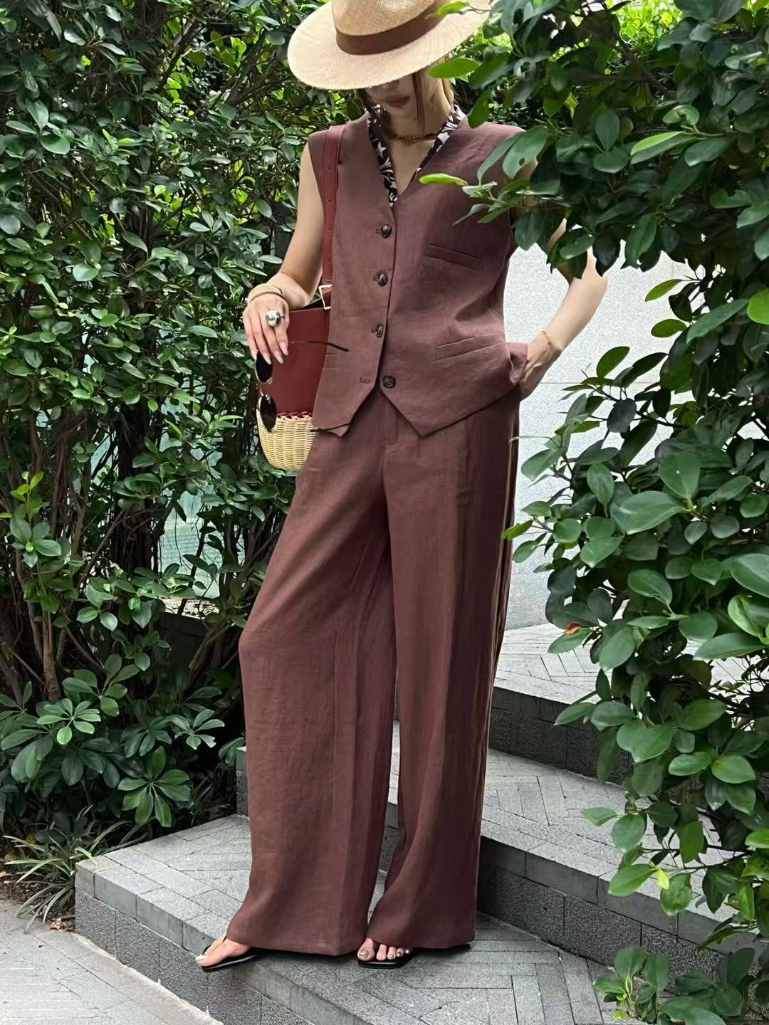 老銭さんのリネンカジュアルツーピースプリントパッチVネックセ - Linen Pant Wide のレビューと価格