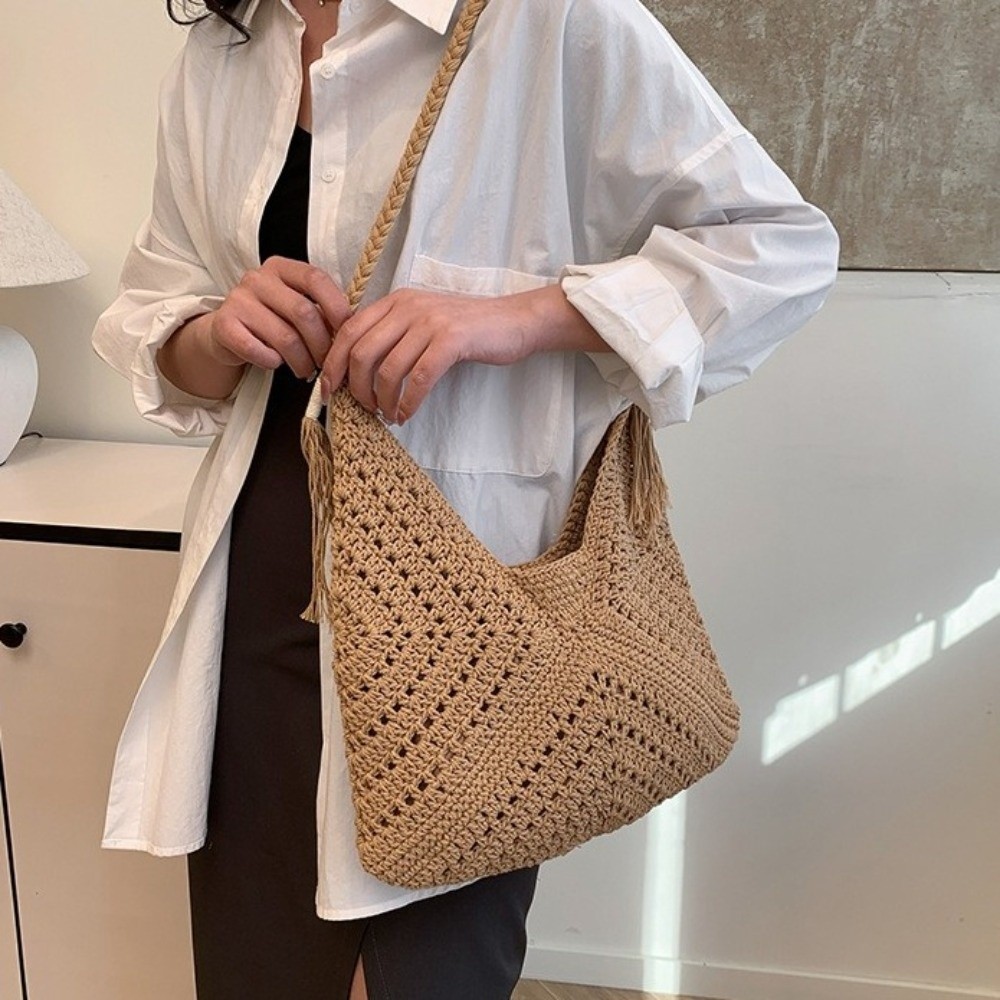 夏用ボヘミアンニットショルダーバッグ、無地コットン糸クロシェ - Tote Bag Beach のレビューと価格