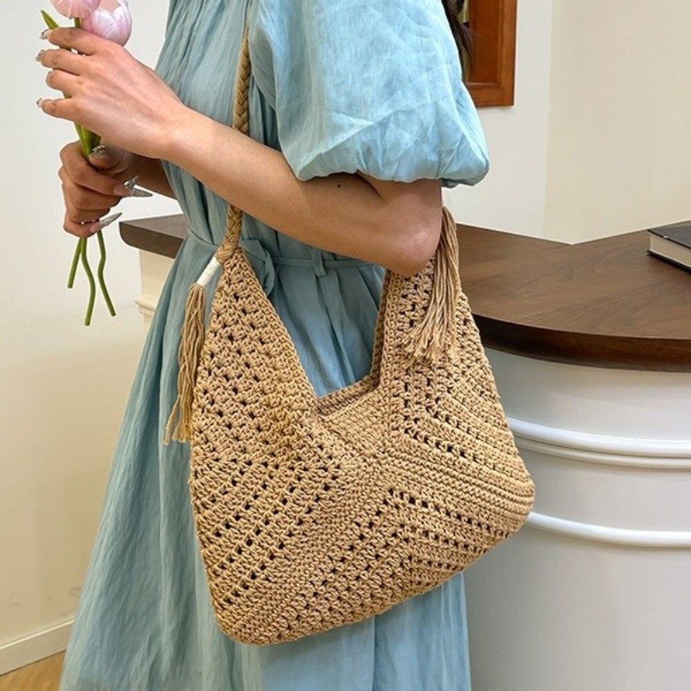 夏用ボヘミアンニットショルダーバッグ、無地コットン糸クロシェ - Tote Bag Beach のレビューと価格