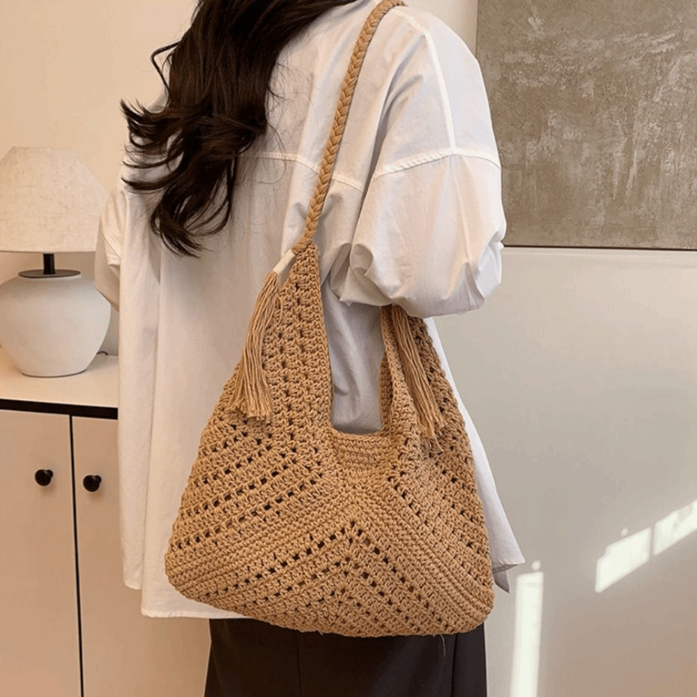夏用ボヘミアンニットショルダーバッグ、無地コットン糸クロシェ - Tote Bag Beach のレビューと価格