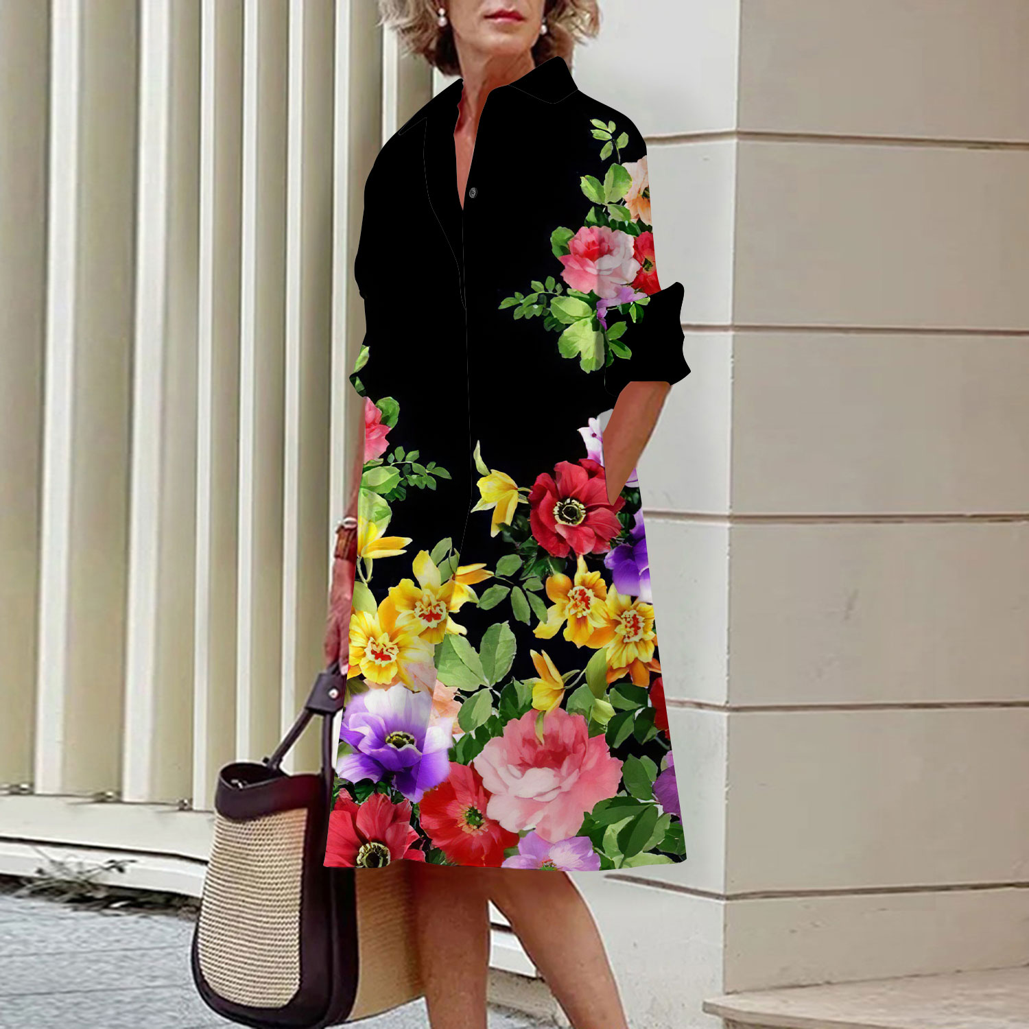 女性の花柄の長袖ミディドレス,ラペル,エレガント,カジュアル - Midi Skirt Floral のレビューと価格